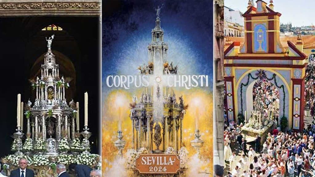Cartel e imágenes del Corpus Christi en Sevilla.