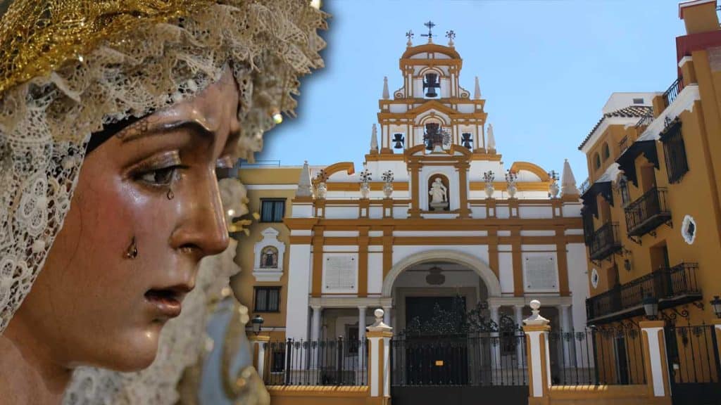 Rostro de la Macarena a la izquierda y basílica a la derecha.