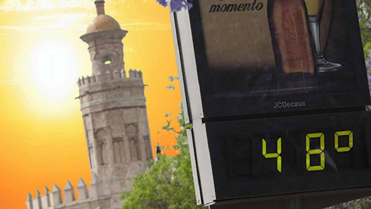 Termómetro marcando 48ºC y de fondo la Torre del Oro.