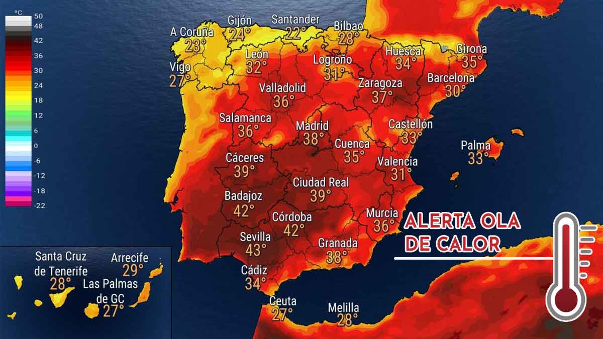 Mapa de España señalando las altas temperaturas.