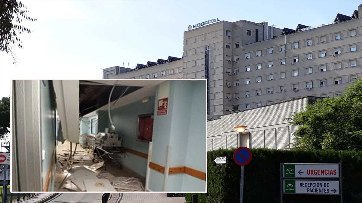 El falso techo de un pasillo cercano a los paritorios del Hospital Virgen de Valme se desploma