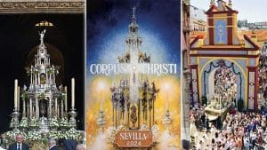 Cartel e imágenes del Corpus Christi en Sevilla.