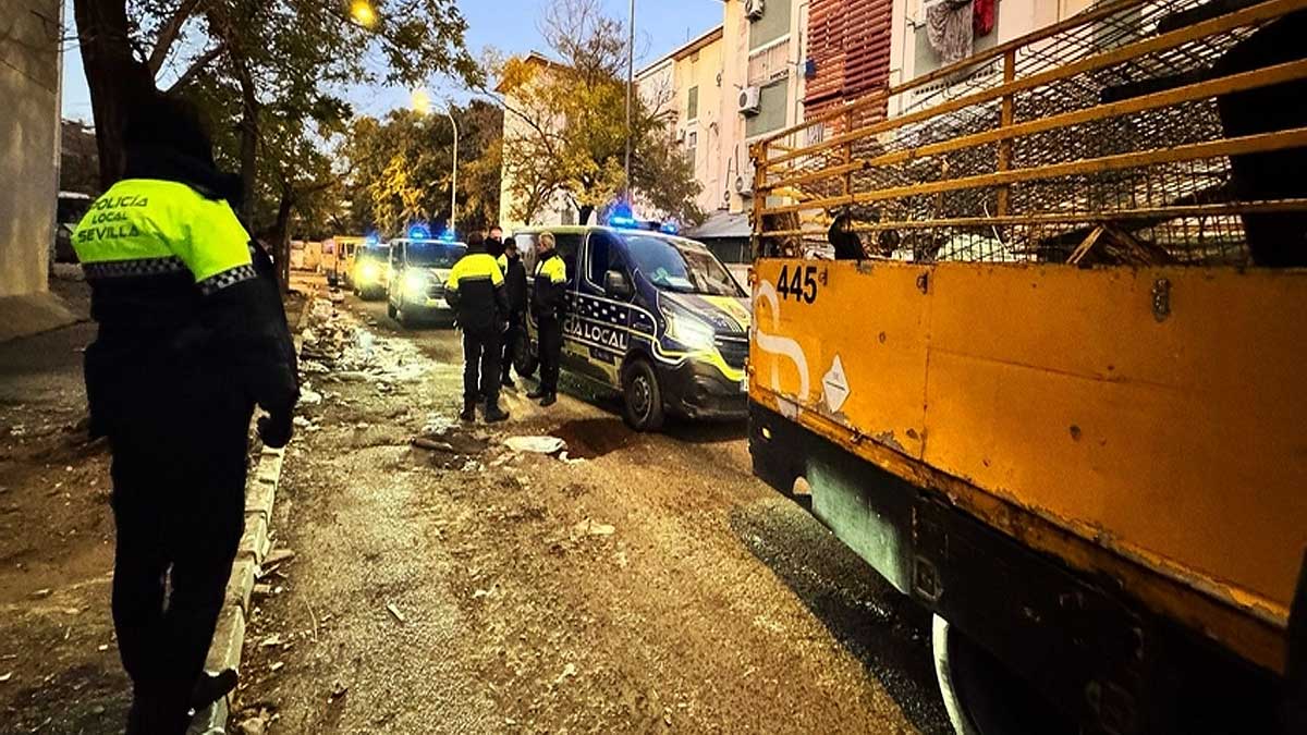 Recogida de enseres tras la fiesta ilegal en las Tres Mil Viviendas.