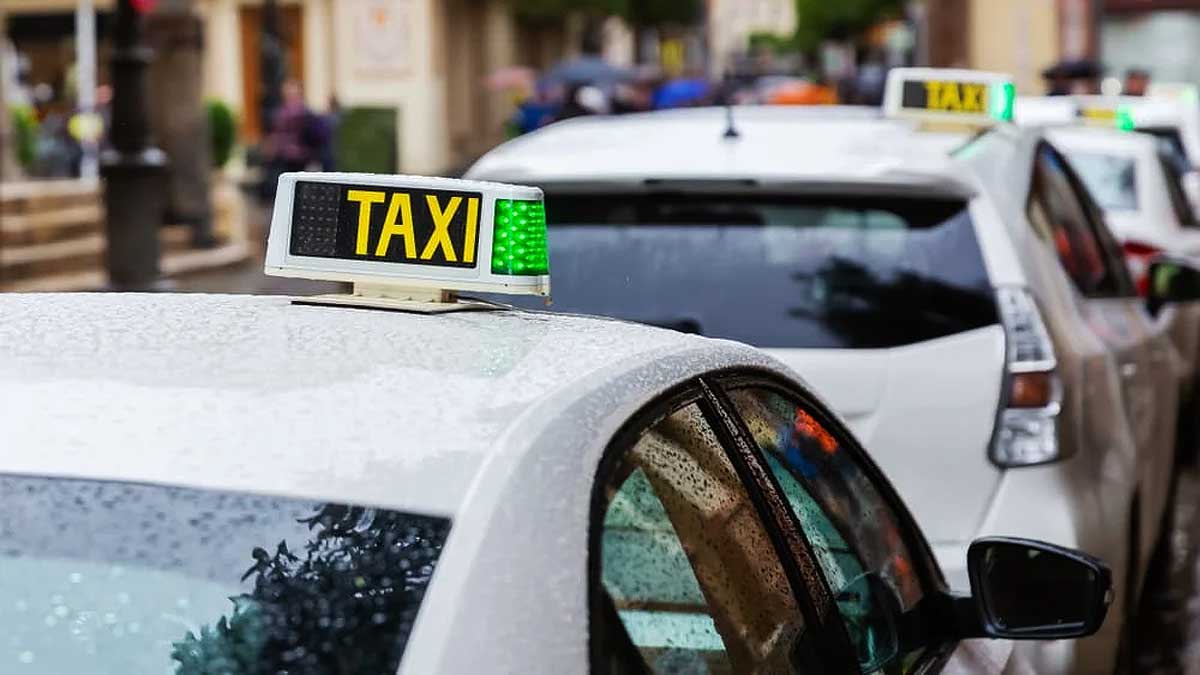 Diferentes taxis aparcados.