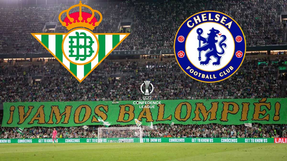 Pancarta de "Vamos Balompiés" y los escudos del Betis y el Chelsea, destacan los tonos verdosos.