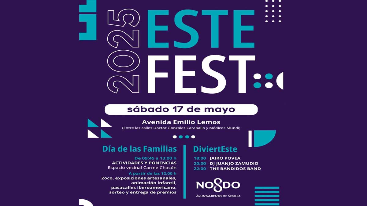 Cartel anunciados de actividades de Estefest en tonos morados, blancos y celeste.