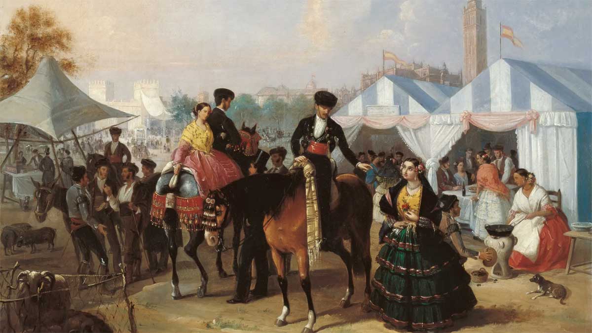 Cuadro en el que se contempla una pintura de jinetes y mujeres en la Feria de Sevilla.