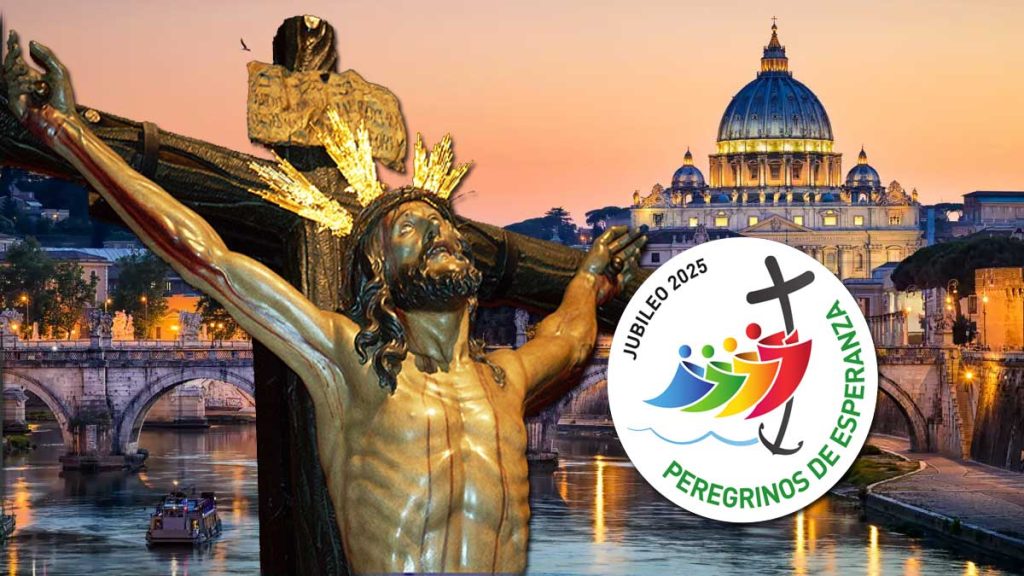 El Cristo del Cachorro con la cúpula del Vaticano de Roma al fondo y el sello del Jubileo 2025 a la derecha.