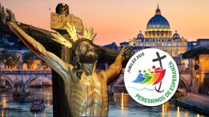 El Cristo del Cachorro con la cúpula del Vaticano de Roma al fondo y el sello del Jubileo 2025 a la derecha.