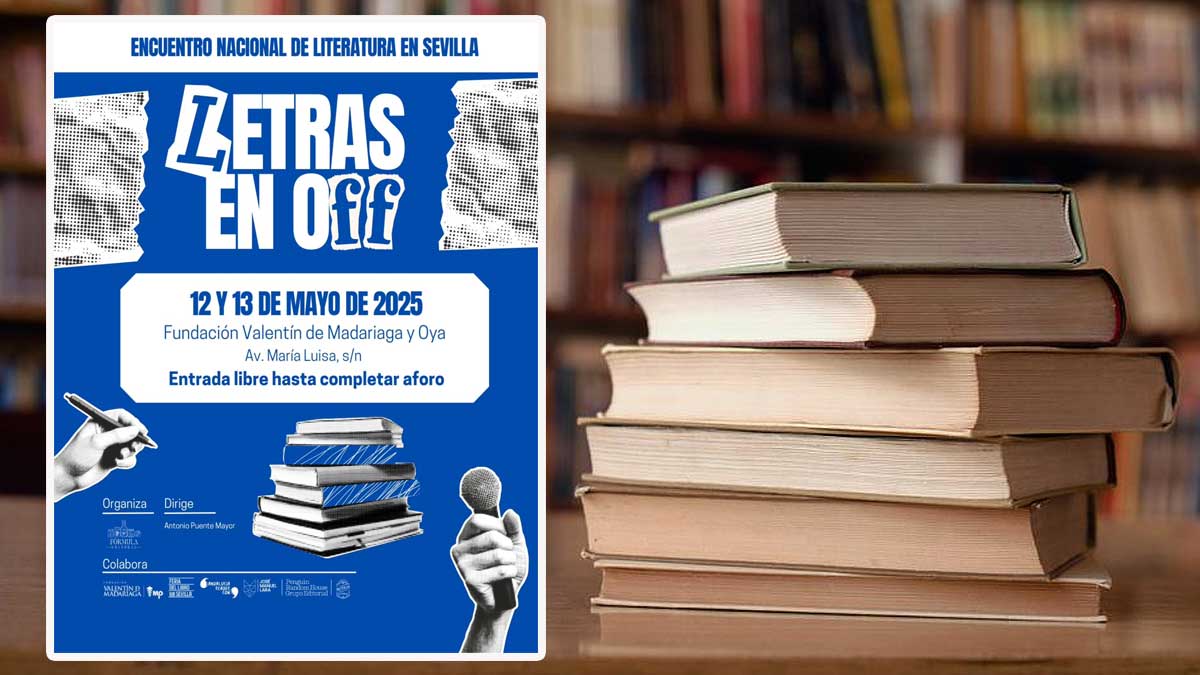 Cartel de "Letras en Off" junto a una pila de libros.