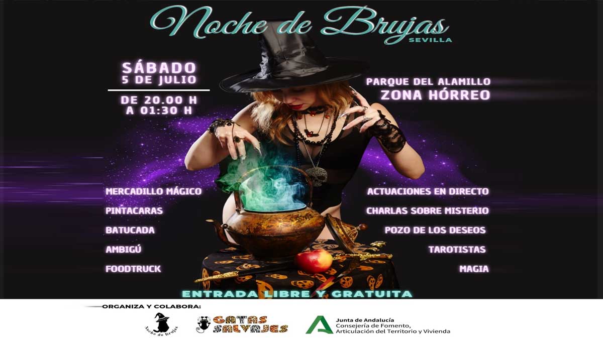 Cartel en negro y morado con los actos de la "Noche de Brujas".