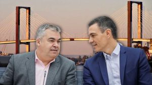 Puente del Quinto Centenario de fondo y en primer plano Cerdán y Pedro Sénchez.