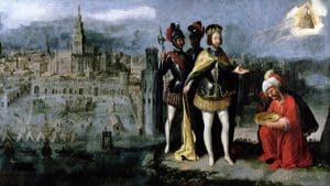 Cuadro en el que se refleja la toma de Sevilla con San Fernando y la aparición de la Virgen en la esquina superior derecha.