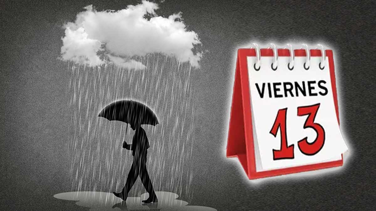 Almanaque con el Viernes 13 y una persona bajo un paraguas.
