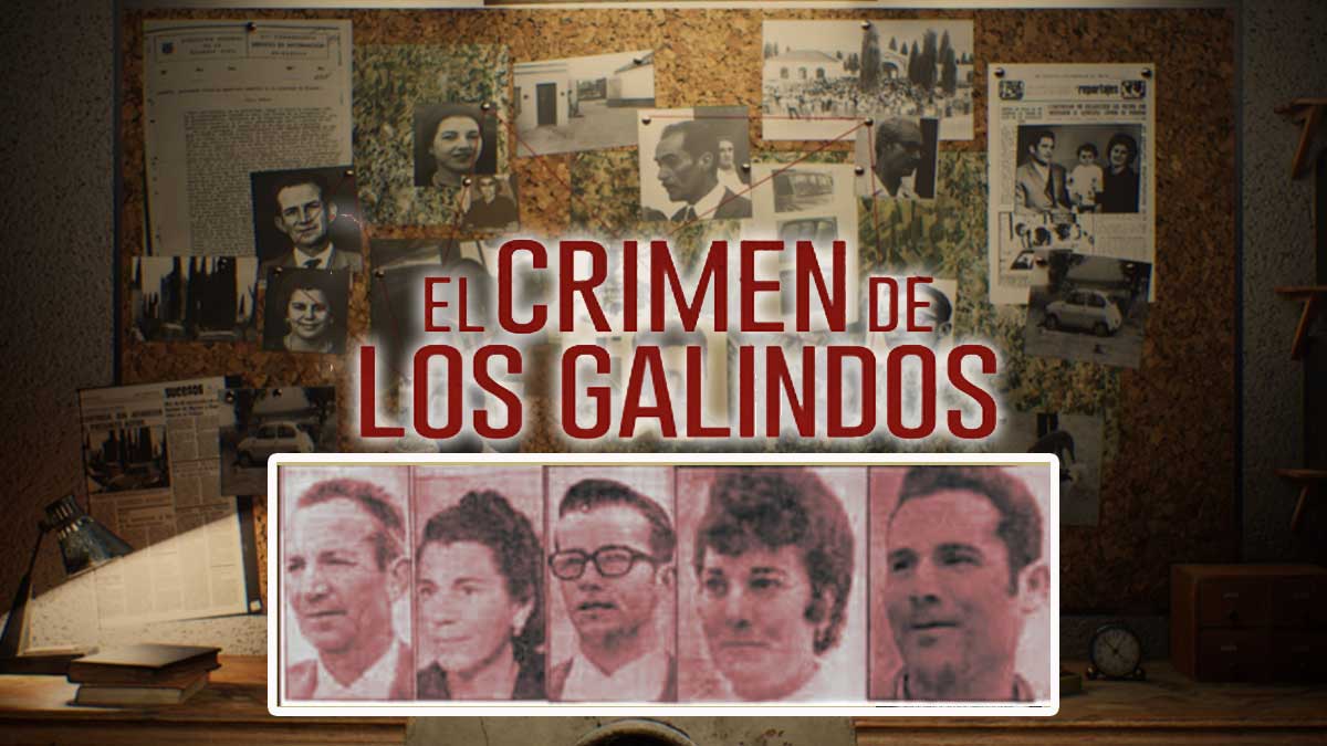Tablón policial y los rostros de las cinco personas asesinadas hace 50 años en el cortijo Los Galindos.