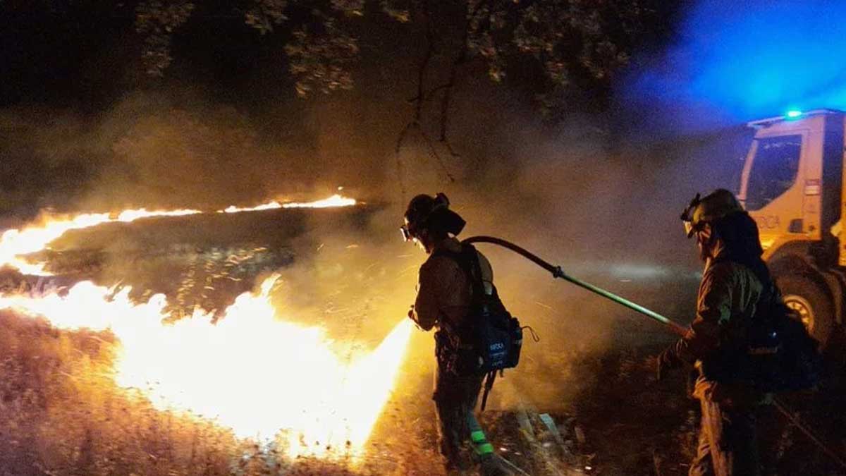 Dos bomberos, en la noche, luchan contra las llamas en el incendio forestal.