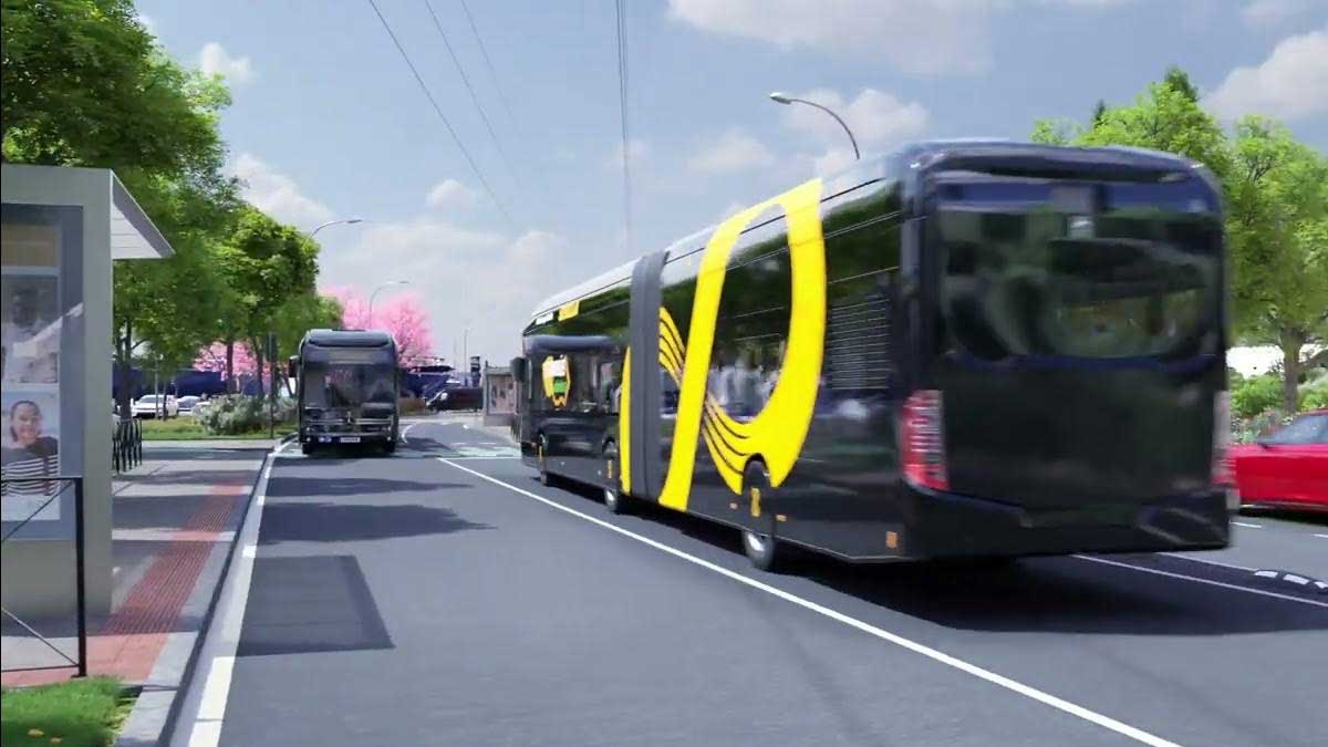 Tranvibús, en negro y amarillo, en una ilustración idealizada de su recorrido.