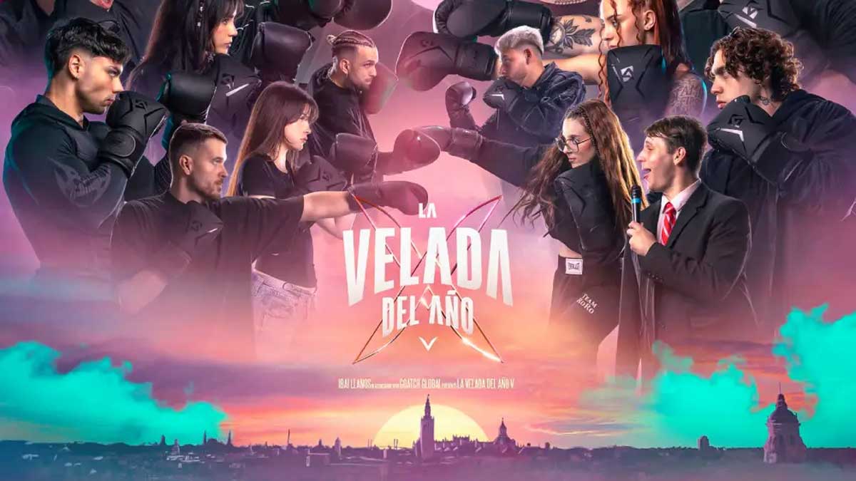 Cartel en tonos verdosos y rosados de la Velada 2025 en Sevilla.