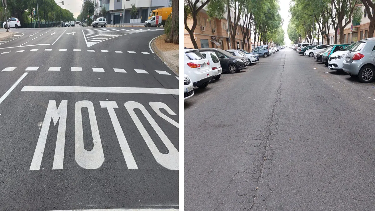 Dos partes de asfalto, uno pintado y otro sin pintar.