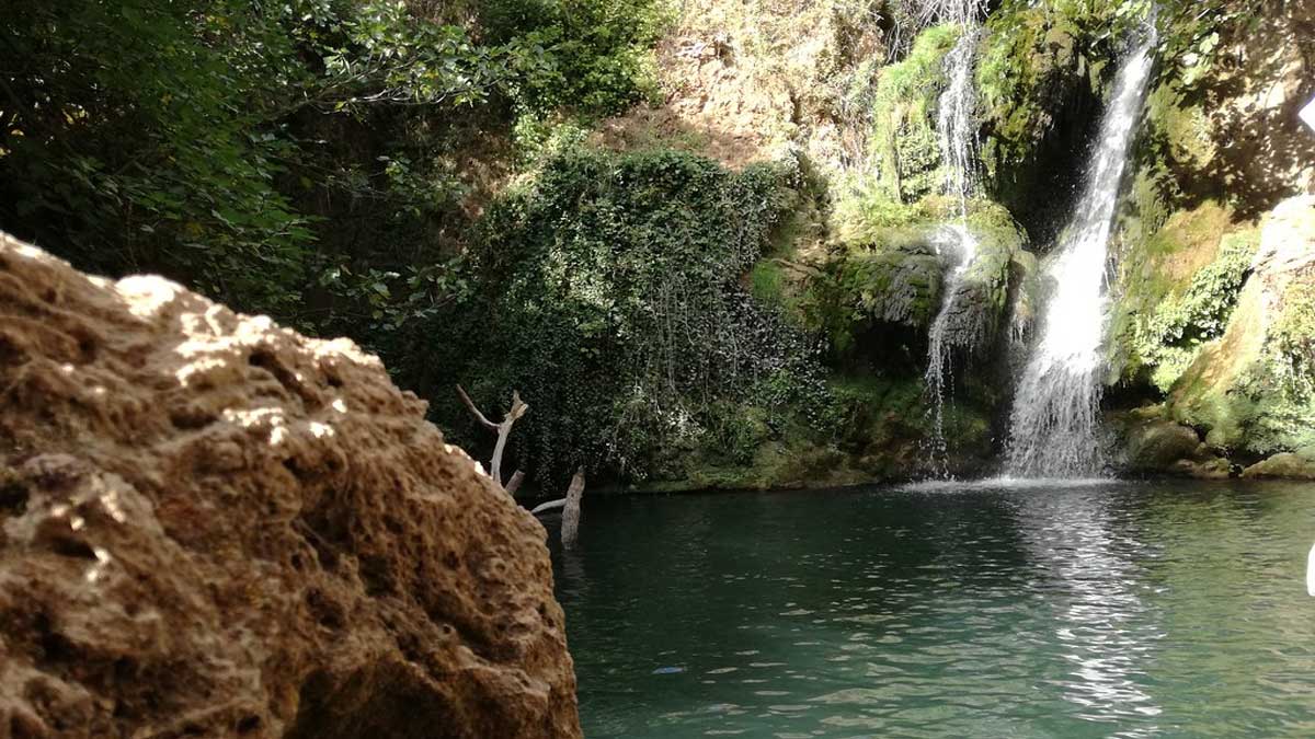 Cascada cayendo con una roca y mucho verdor.