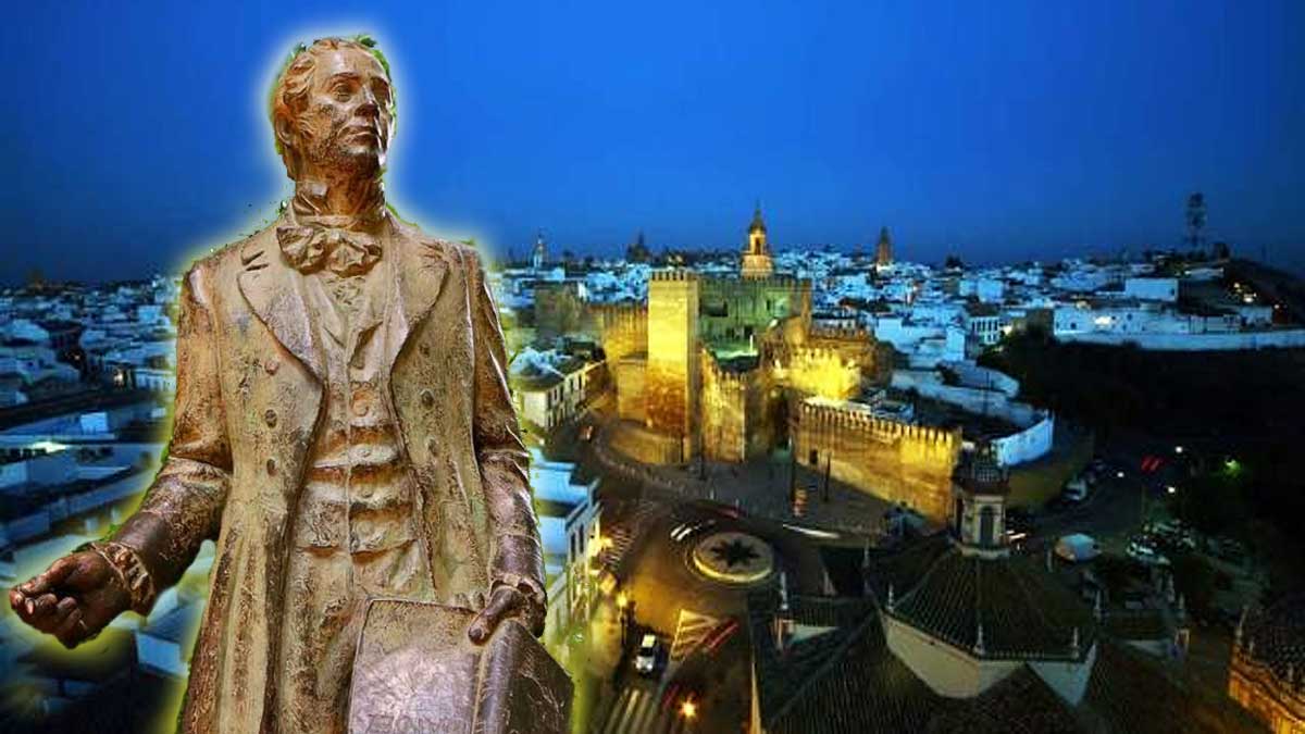 Estatua de Washington Irving y al fondo Alcalá de Guadaíra.