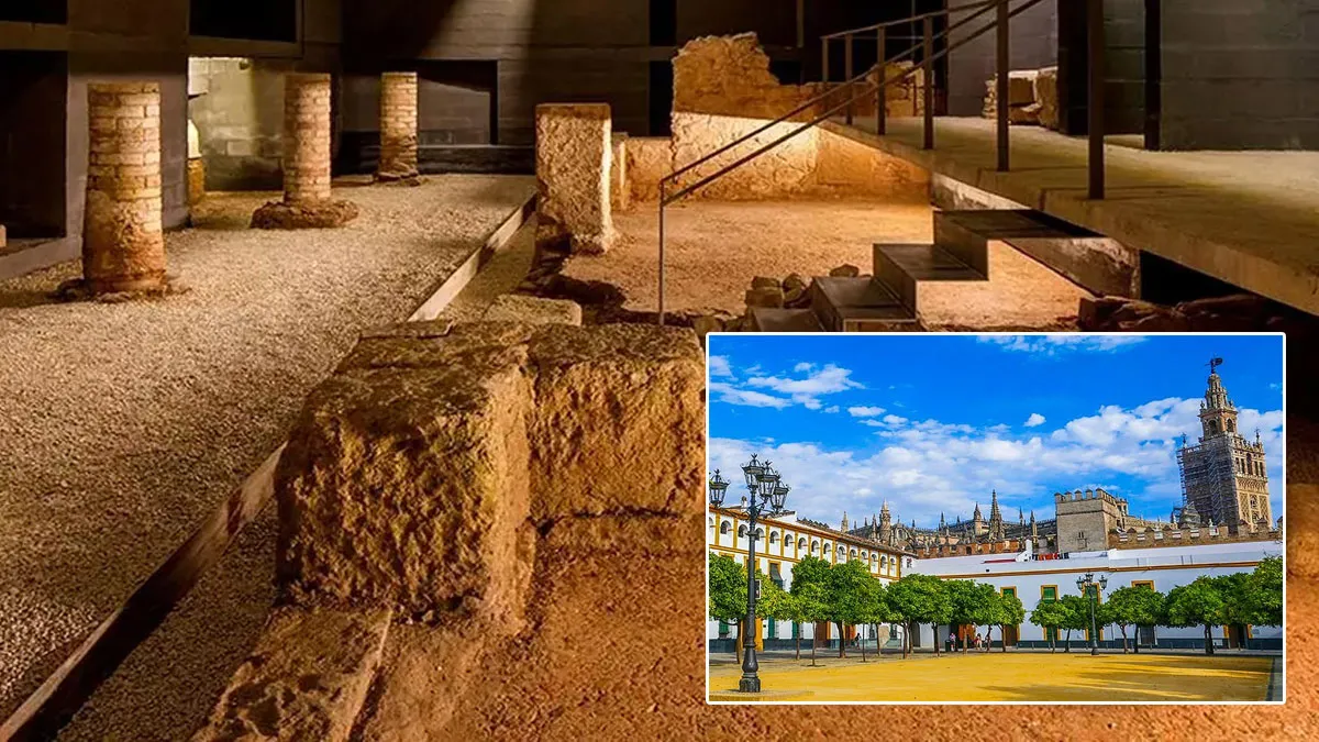 Restos del yacimiento y pequeña imagen del Patio de Bandera como referencia.