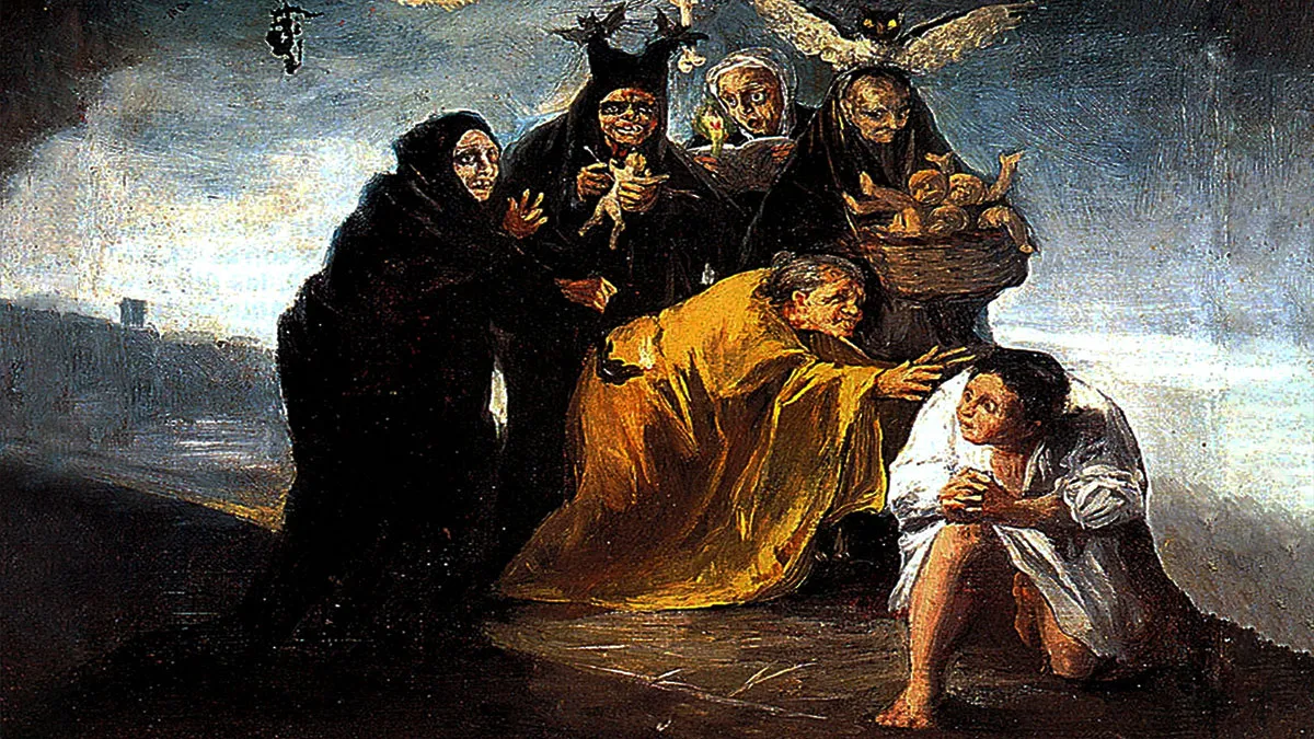 Cuadro de Goya sobre brujas llamado "El Conjuro" con un conjunto de personas en prácticas brujeriles.