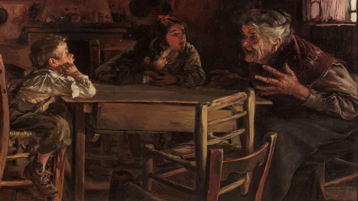 Niño y niña escuchando a su abuela contar historias y leyendas.