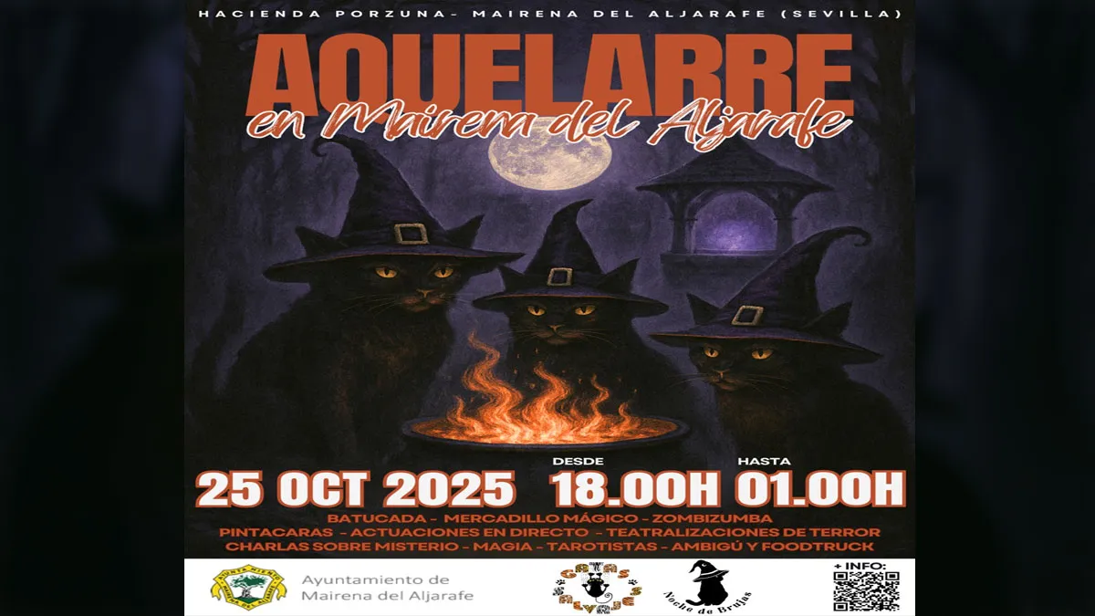 Cartel del evento con gatos negros caracterizados de brujas y brujos.