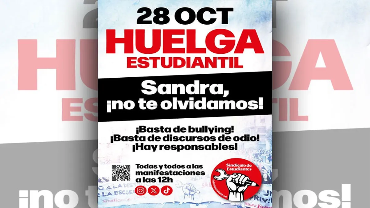 Cartel en blanco, negro y rojo, del sindicato de estudiantes contra el acoso escolar.