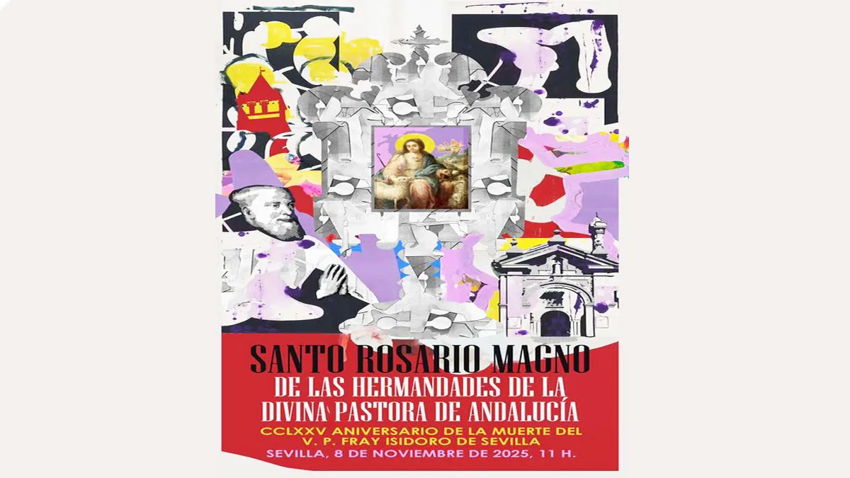 Cartel en tonos rojizos y grises con varias imágenes del Santo Rosario Magno.