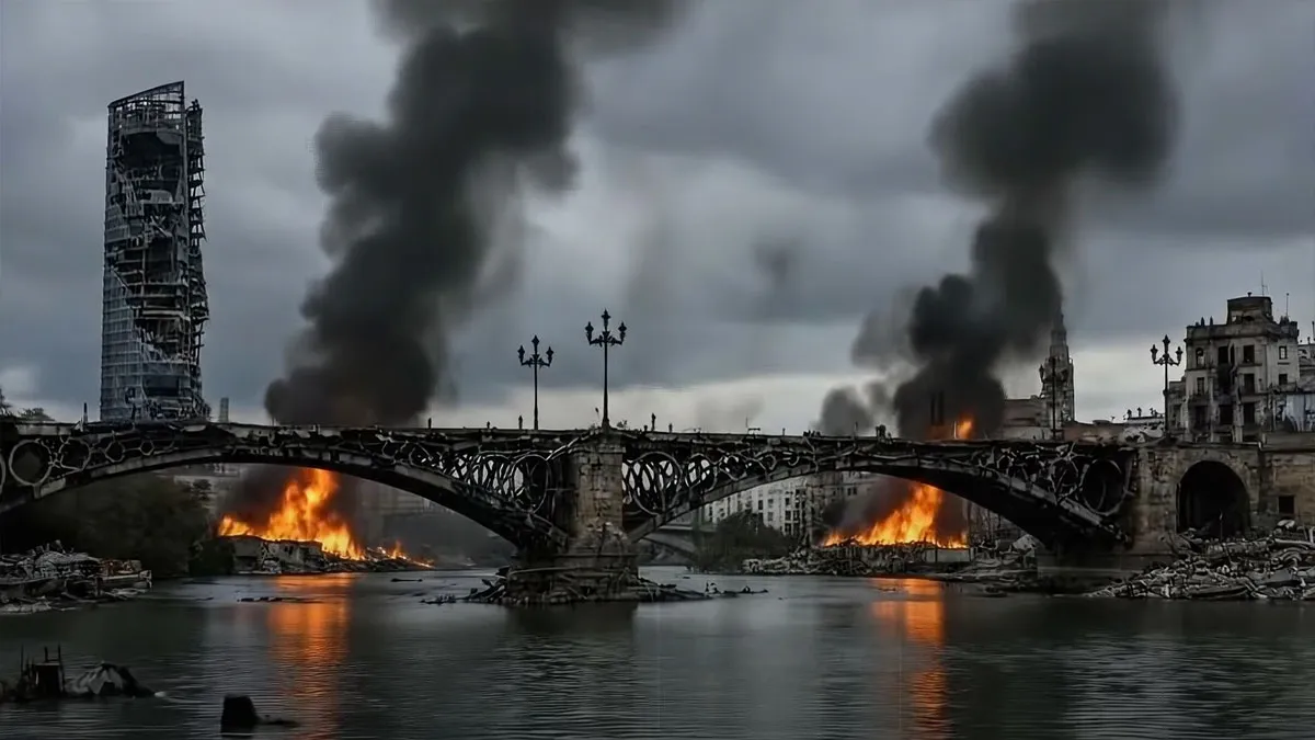 Puente de Triana en llamas y al fondo la Torre Sevilla según el modelo de devastación de la IA.