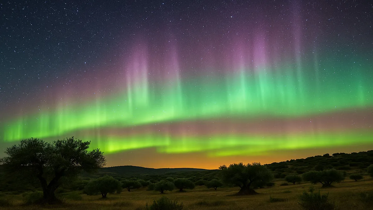 Aurora boreal en un campo de olivos, destaca por sus tonos verdosos.