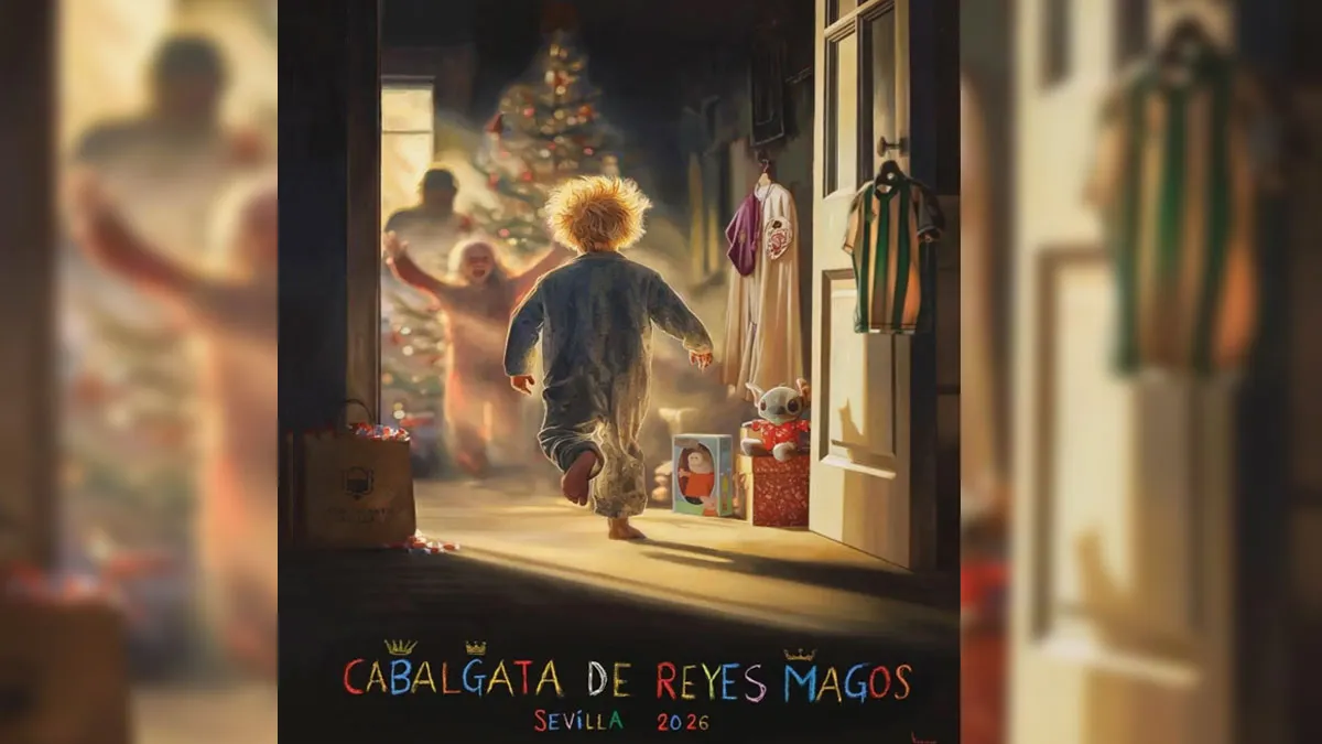 Cartel con un niño corriendo en dirección a un árbol navideño. Hay una camiseta del Betis y una túnica de la Macarena.