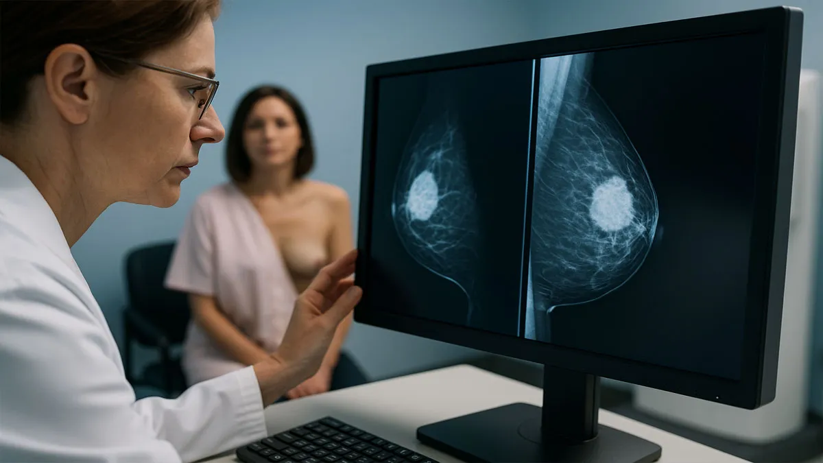 Paciente sentada en una camilla y médico examinando una mamografía.