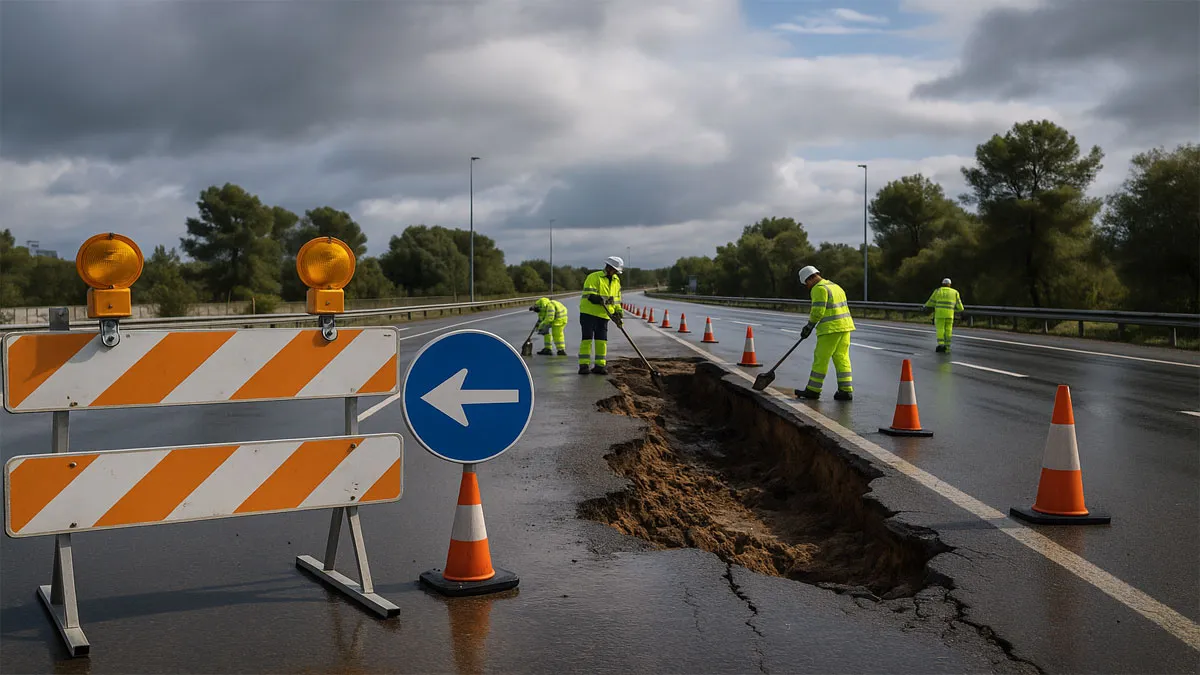 Desprendimiento de la calzada por las lluvias y operarios trabajando.