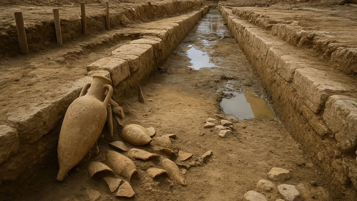 Canales y ánforas en el barro del puerto de Híspalis romana.