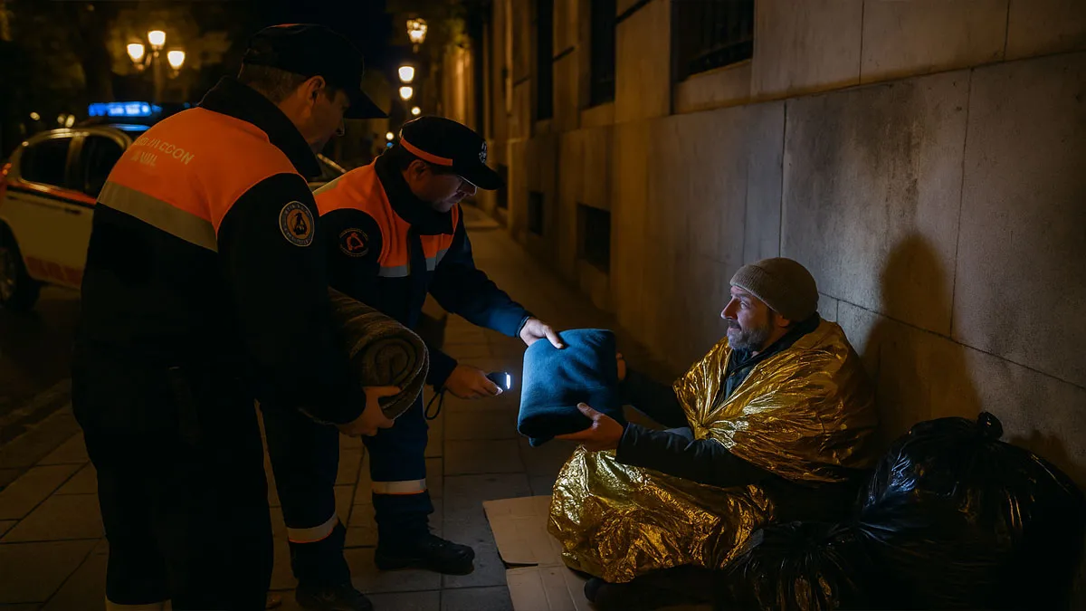 Dos miembros de Protección Civil atendiendo a una persona sin hogar.