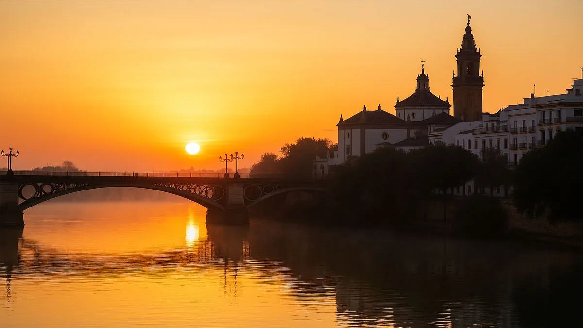 Puente de Triana al amanecer. Predominan los tonos amarillos y dorados.