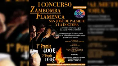 Cartel en tonos negros y anaranjados sobre la chocolatada y zambomba.