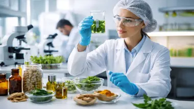 Una científica en un laboratorio analiza un frasco con líquido verde, rodeada de ingredientes naturales como hierbas, aceites y cápsulas, en un entorno limpio y luminoso que refleja investigación e innovación en productos naturales.