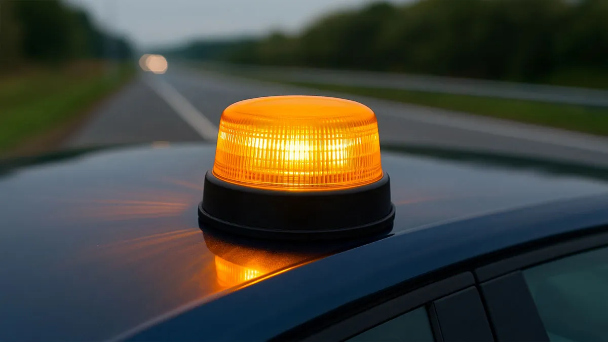 V16 encendida en luz naranja sobre el techo de un coche.