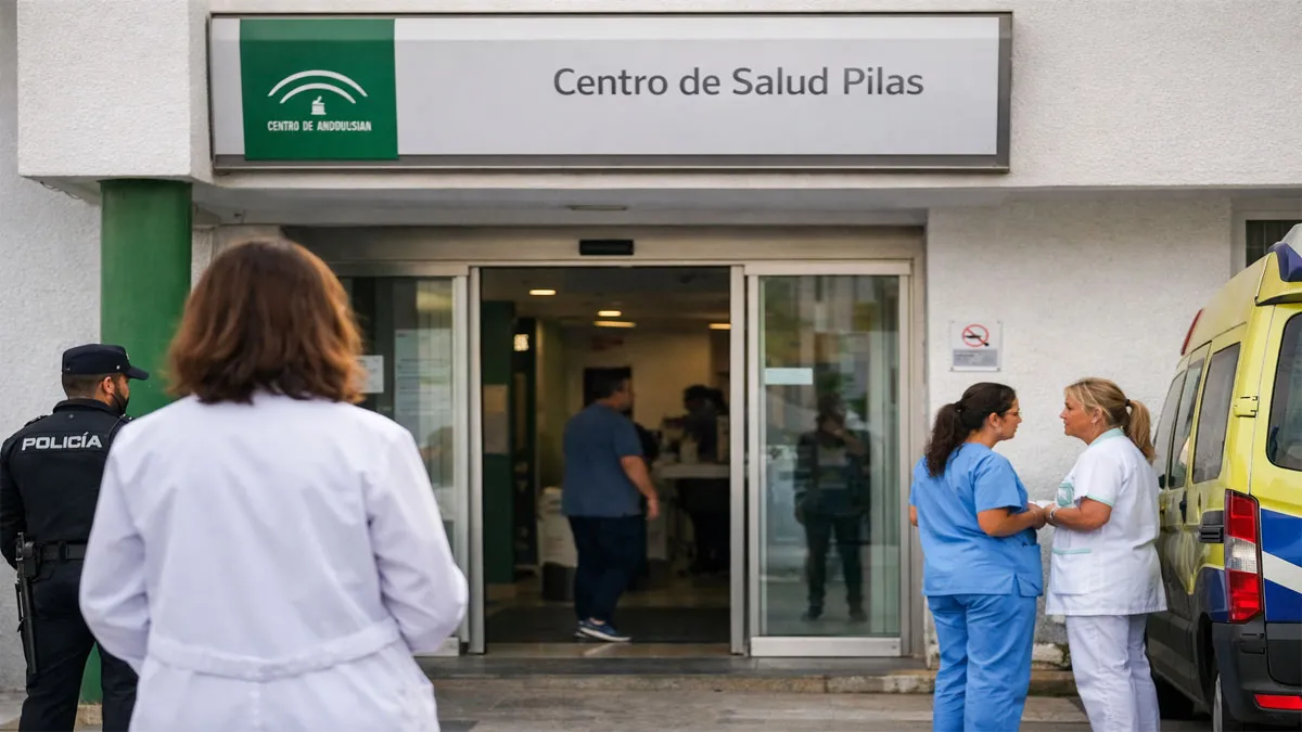 Entrada al centro de Salud con policías y médicos en la misma.