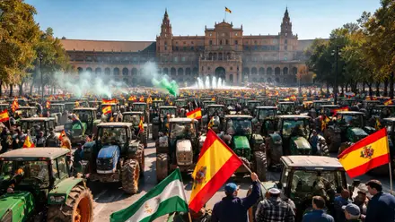 Muchos tractores y personas con banderas de España y Andalucía en la Plaza de España.