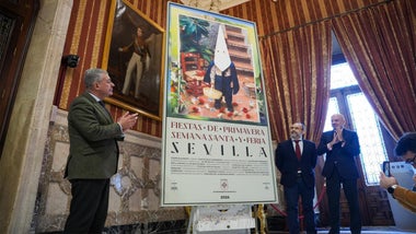 El alcalde y el autor descubriendo el cartel de las Fiestas de Primavera de Sevilla 2026.