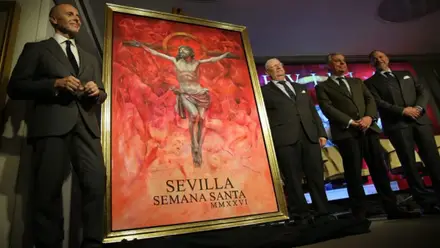 Cartel en vivos colores rojos y autoridades.