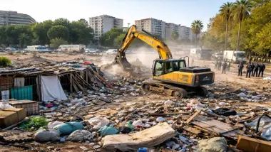 Excavadora derribando chabolas ante la mirada de un grupo de policias.