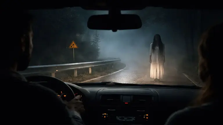 Mujer en camisón parada delante de un coche, se ve la silueta del conductor y su acompañante, destaca la aparición en la carretera.