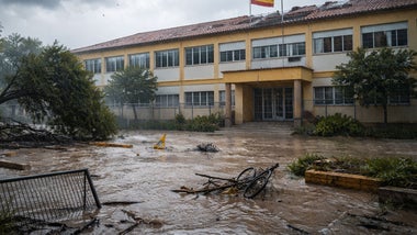 Fachada de un colegio y árboles caídos por el temporal.