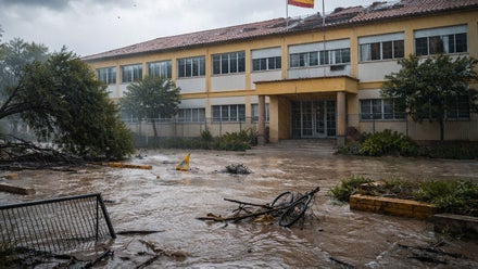 Fachada de un colegio y árboles caídos por el temporal.
